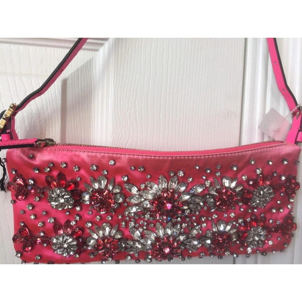 Valentino Garavani Pink Silk Satin Crystal Embellished Flower Pochette Bag